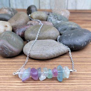 Fluorite Quartz Chip Nugget Bar Charm Stainless Steel Chain Necklace